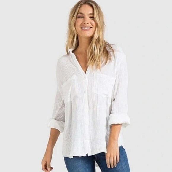 Anthropologie Cloth & Stone White Button Down Frayed Hem Blouse Size M - Picture 1 of 10